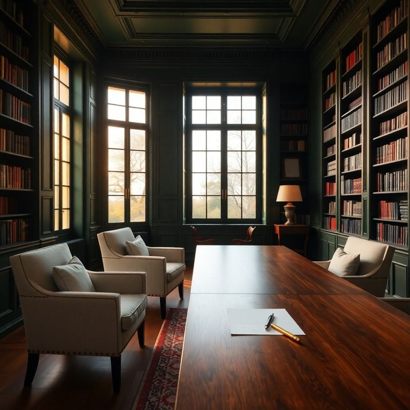 Bibliotecă de studiu cu pereți verzi și lumină caldă de după-amiază