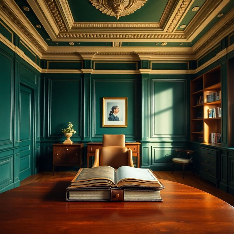 Interior de birou de avocatură cu lambriuri verzi și dosar deschis pe birou