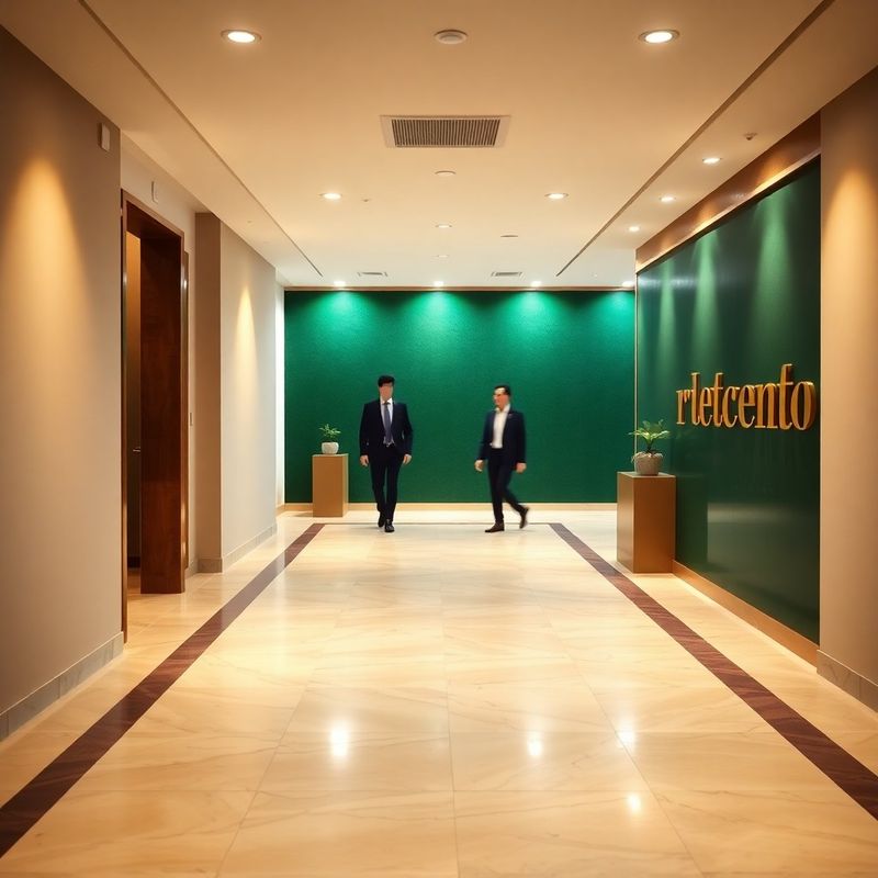 Coridor luminos cu perete verde și siluete profesionale neclare în fundal