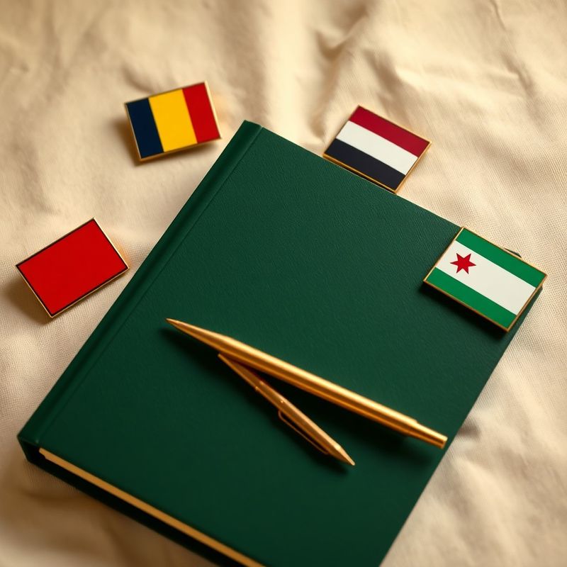 Insigne cu steagurile României, Austriei, Luxembourgului și Ciprului în jurul unui dosar verde
